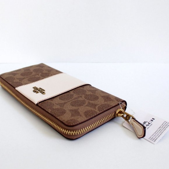 Coach Signature Coated Canvas Colorblock Leather Slim Accordion Zip Wallet Tan - Picture 3 of 7